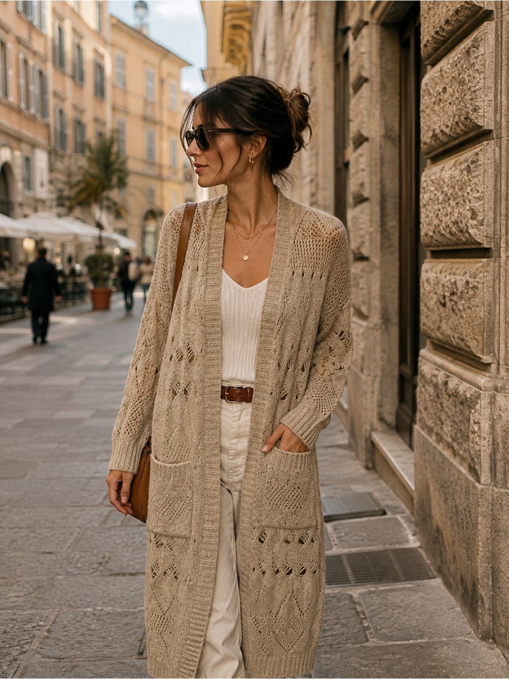 ALY DALY Long Open Knit Wool Blend Cardigan Size M/L Beige